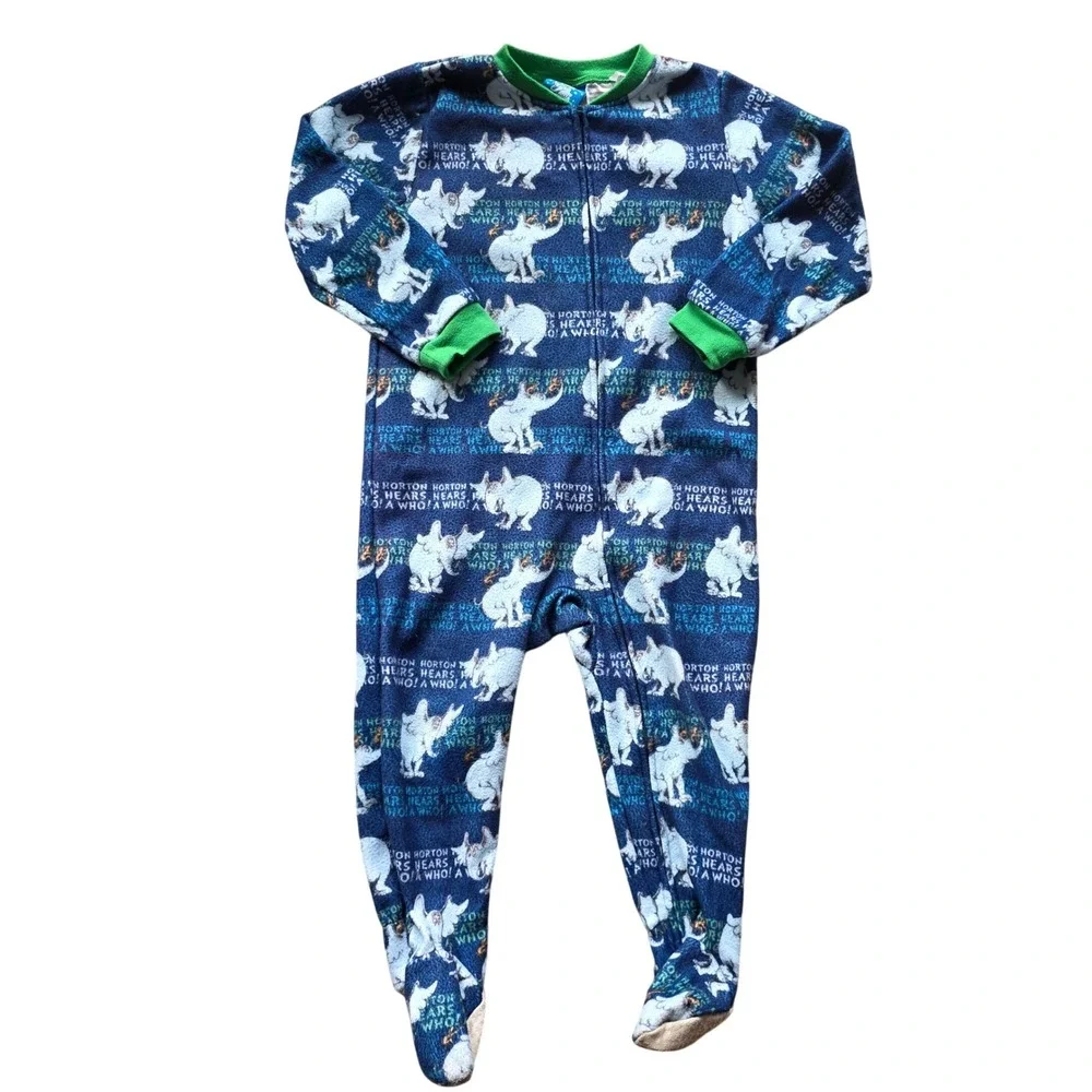 Dr Seuss Horton Hears A Who Toddler Fleece Footed Pajamas Blue Green 4T